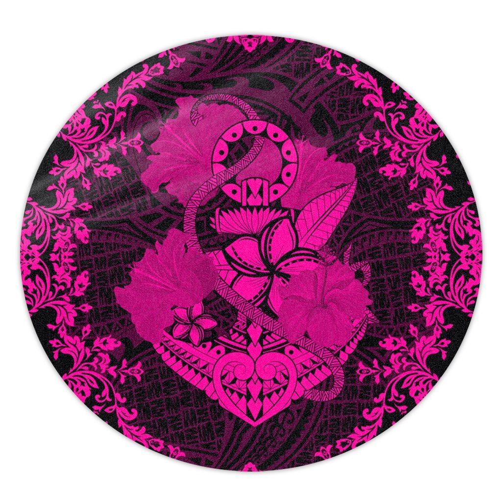 Hawaii Anchor Hibiscus Flower Vintage Round Carpet - AH - Pink Round Carpet Luxurious Plush - Polynesian Pride