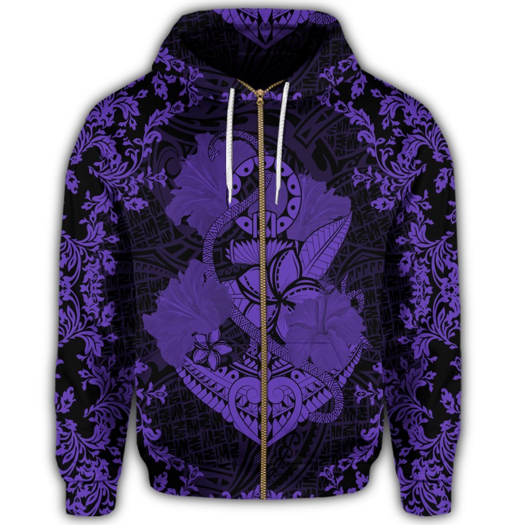 Hawaii Anchor Hibiscus Flower Vintage Zip Hoodie Purple - Polynesian Pride