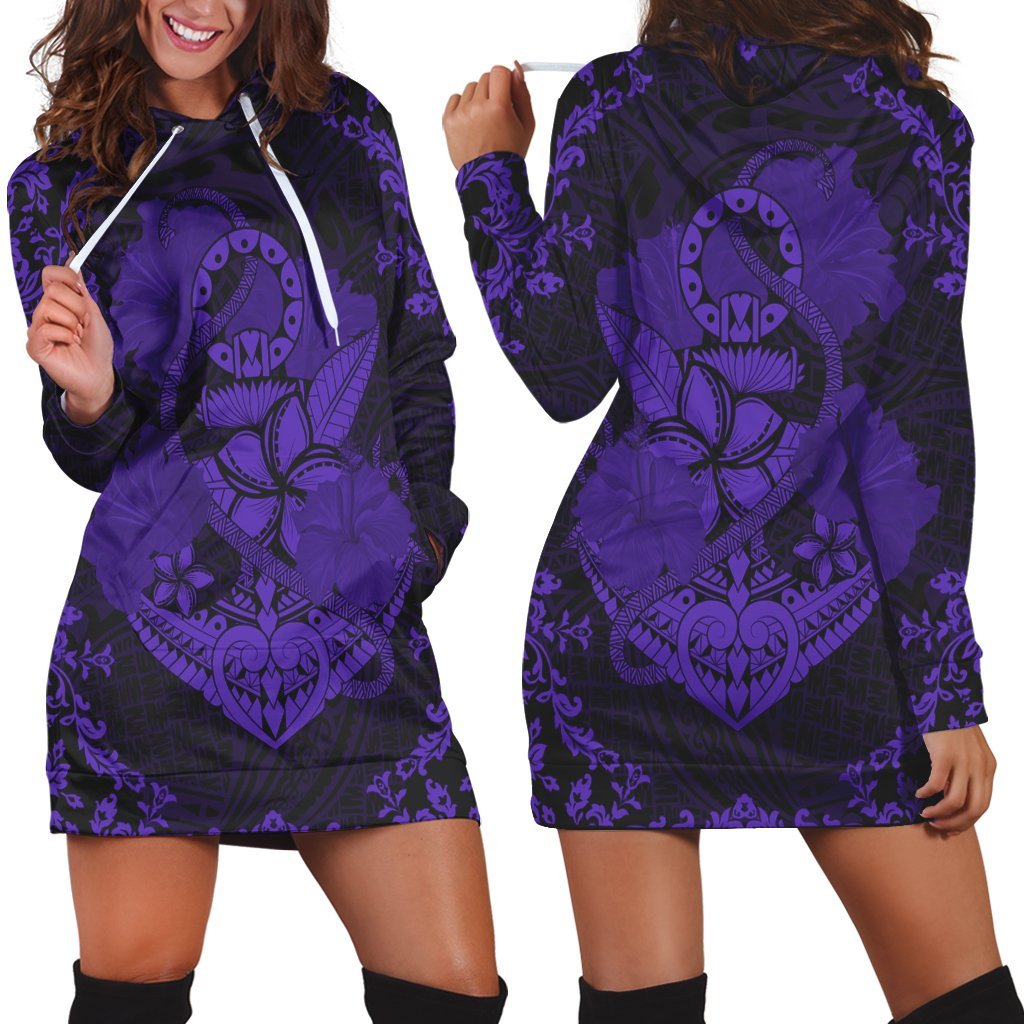 Hawaii Anchor Hibiscus Flower Vintage Hoodie Dress - AH - Purple Black - Polynesian Pride