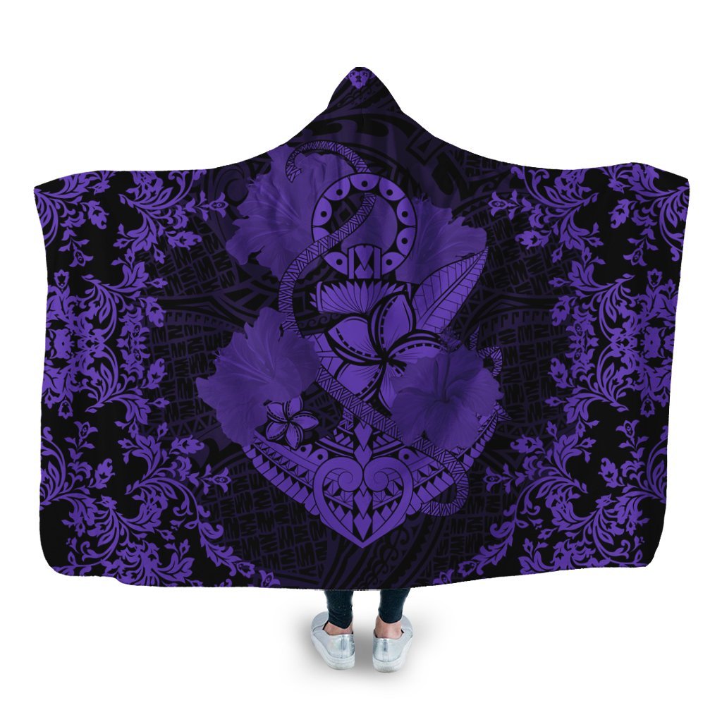 Hawaii Anchor Hibiscus Flower Vintage Hooded Blanket - AH - Purple Hooded Blanket White - Polynesian Pride
