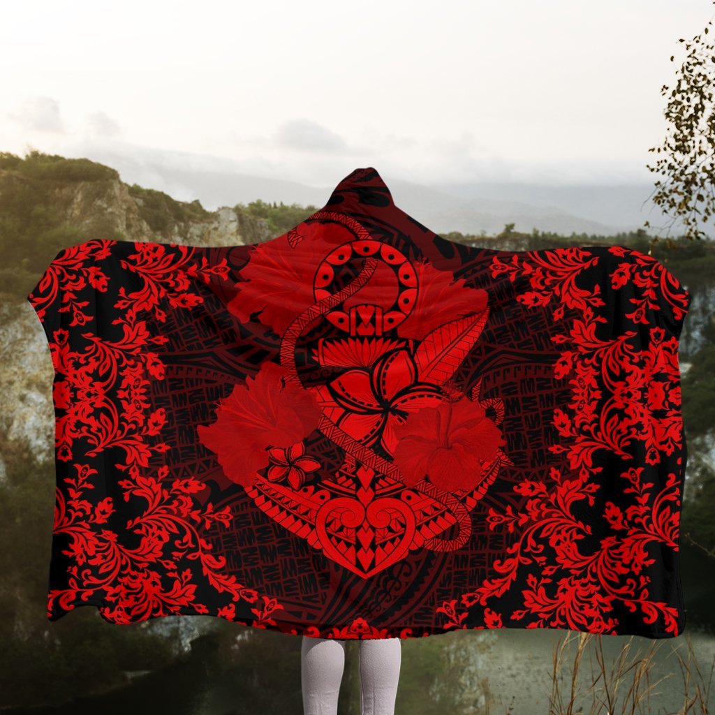 Hawaii Anchor Hibiscus Flower Vintage Hooded Blanket - AH - Red - Polynesian Pride