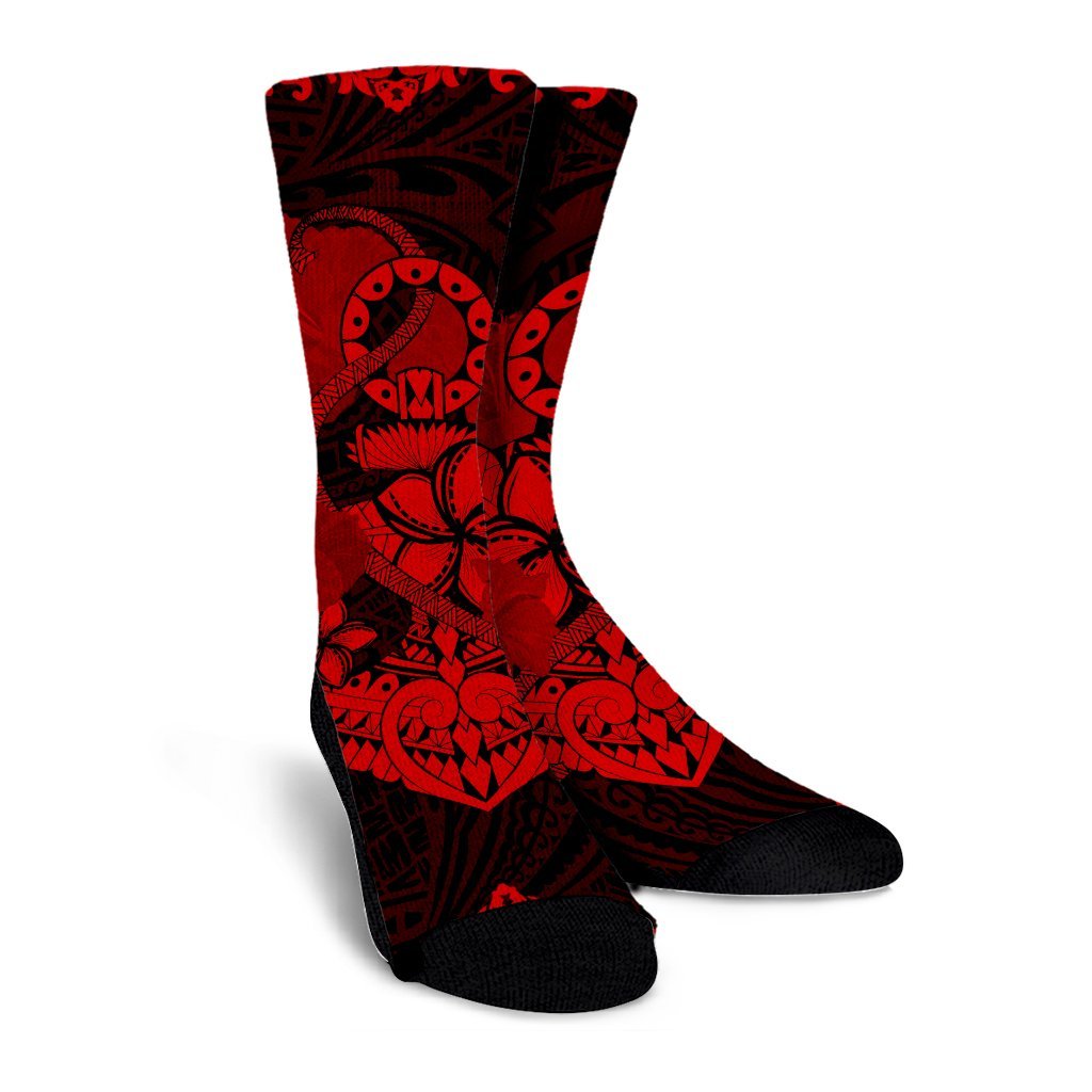 Hawaii Anchor Hibiscus Flower Vintage Crew Socks - AH - Red - Polynesian Pride