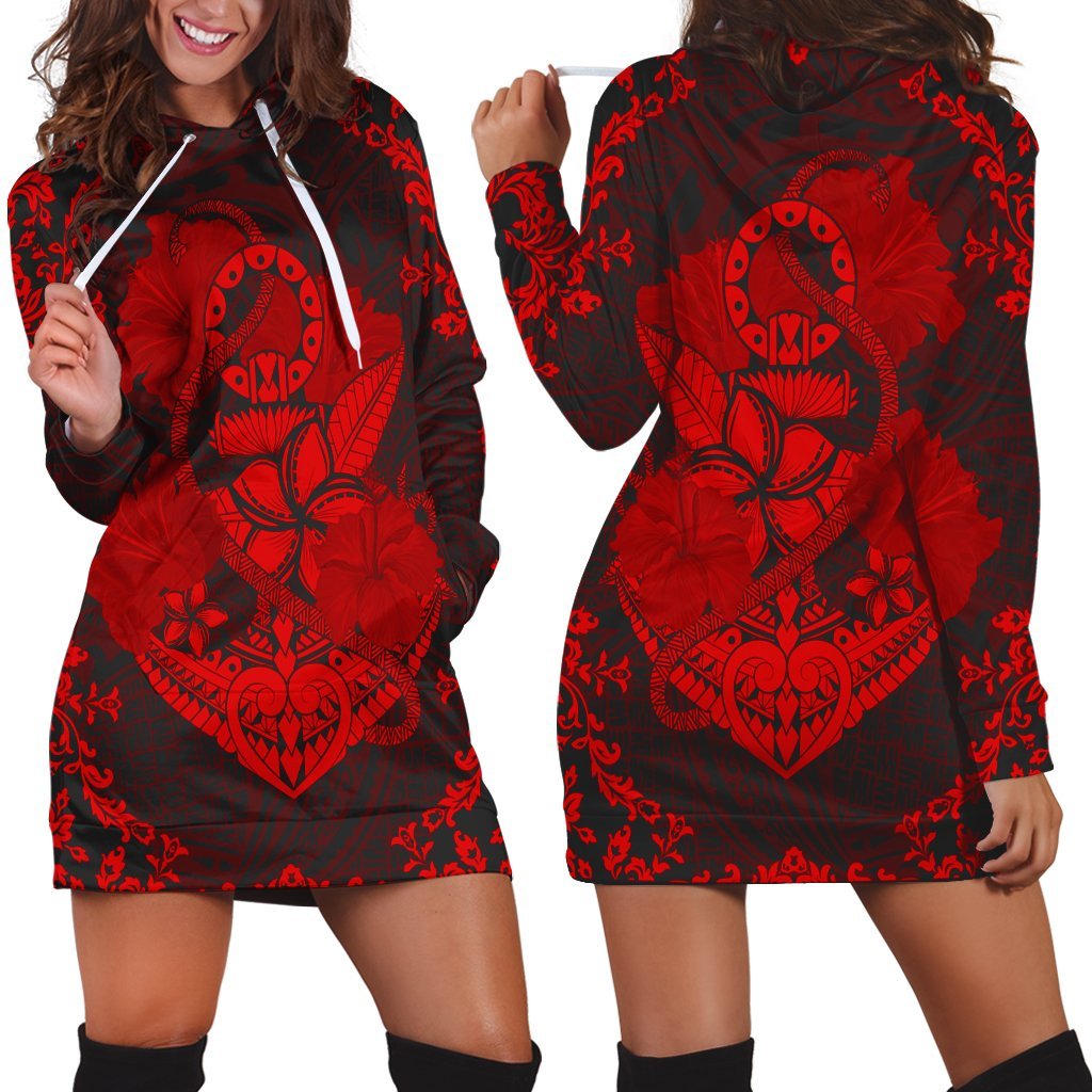 Hawaii Anchor Hibiscus Flower Vintage Hoodie Dress - AH - Red Black - Polynesian Pride
