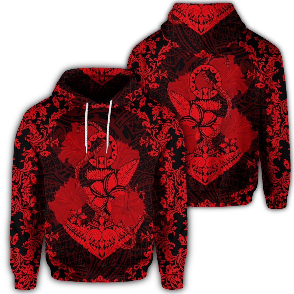 Hawaiian Anchor Hibiscus Flower Vintage Hoodie Red Unisex Art - Polynesian Pride