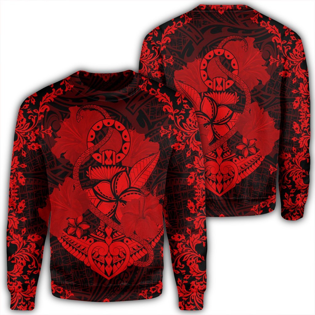 Hawaii Anchor Hibiscus Flower Vintage Sweatshirt - AH - Red Unisex Black - Polynesian Pride