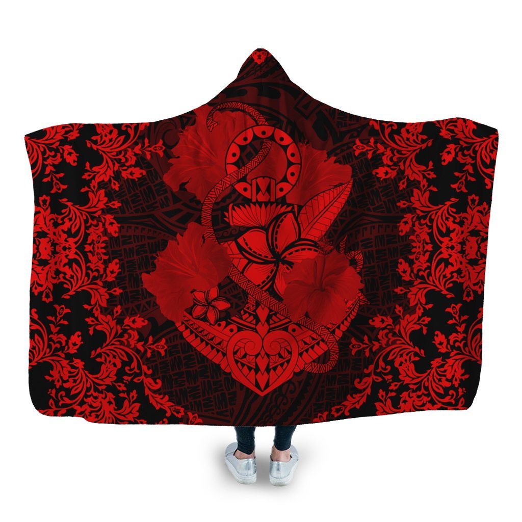 Hawaii Anchor Hibiscus Flower Vintage Hooded Blanket - AH - Red Hooded Blanket White - Polynesian Pride