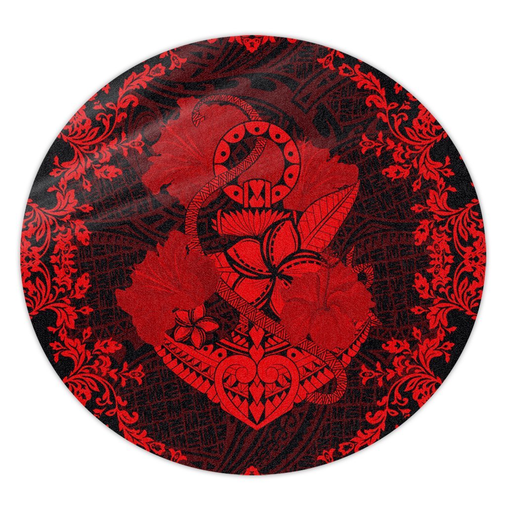 Hawaii Anchor Hibiscus Flower Vintage Round Carpet - AH - Red Round Carpet Luxurious Plush - Polynesian Pride