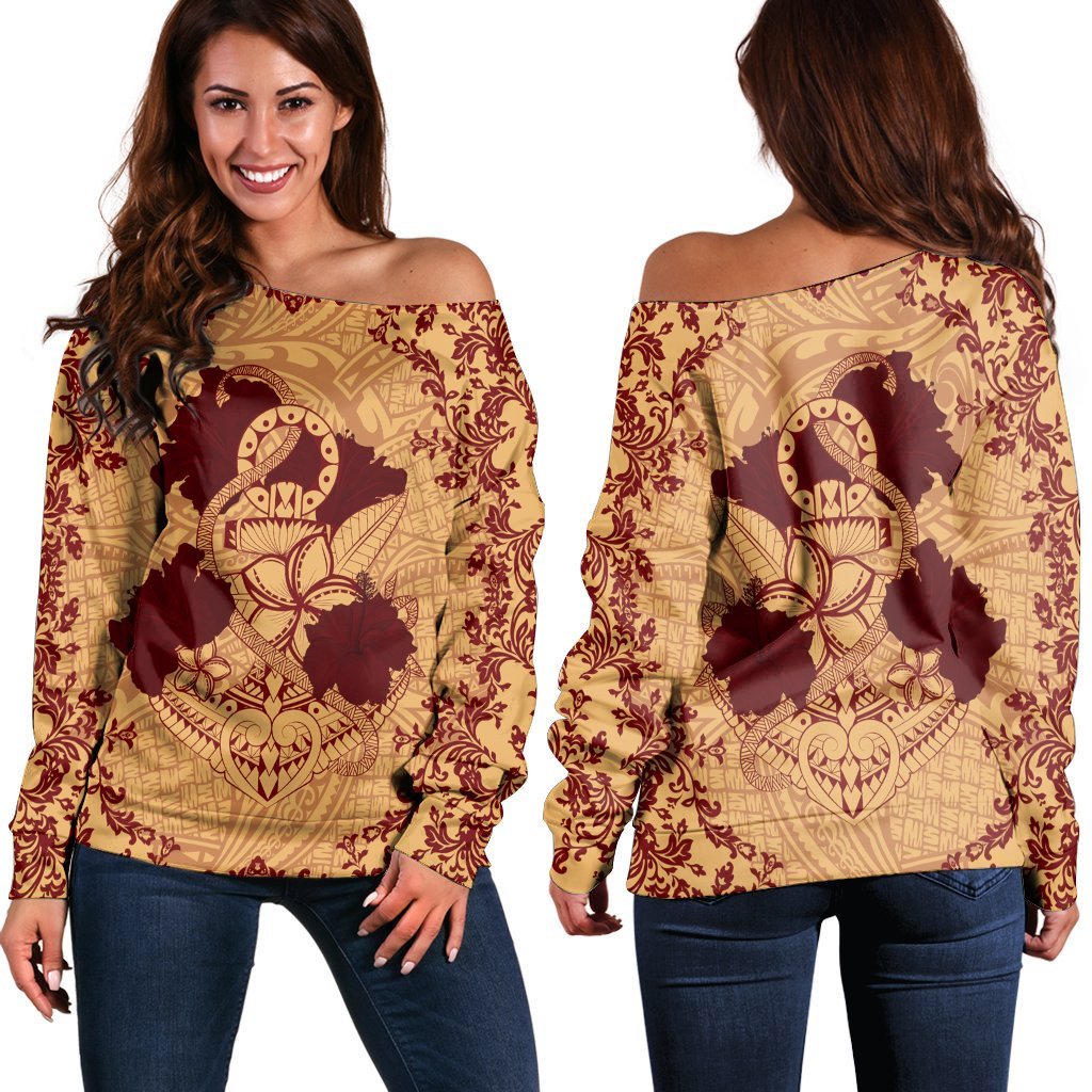 Hawaii Anchor Hibiscus Flower Vintage Women's Off Shoulder Sweater - AH - Red Orange Black - Polynesian Pride