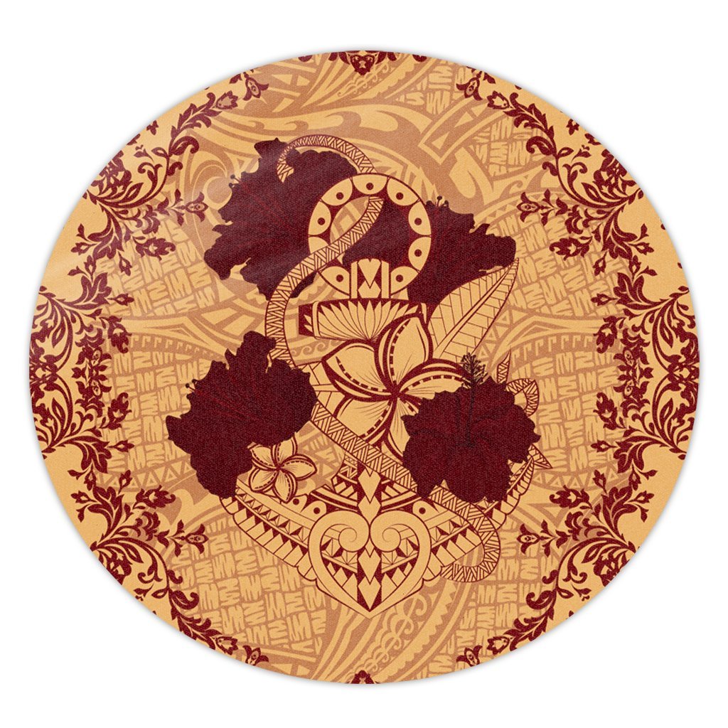 Hawaii Anchor Hibiscus Flower Vintage Round Carpet - AH - Red Orange Round Carpet Luxurious Plush - Polynesian Pride