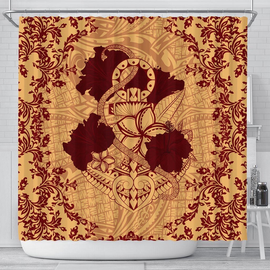 Hawaii Anchor Hibiscus Flower Vintage Shower Curtain - AH - Red Orange 177 x 172 (cm) Black - Polynesian Pride