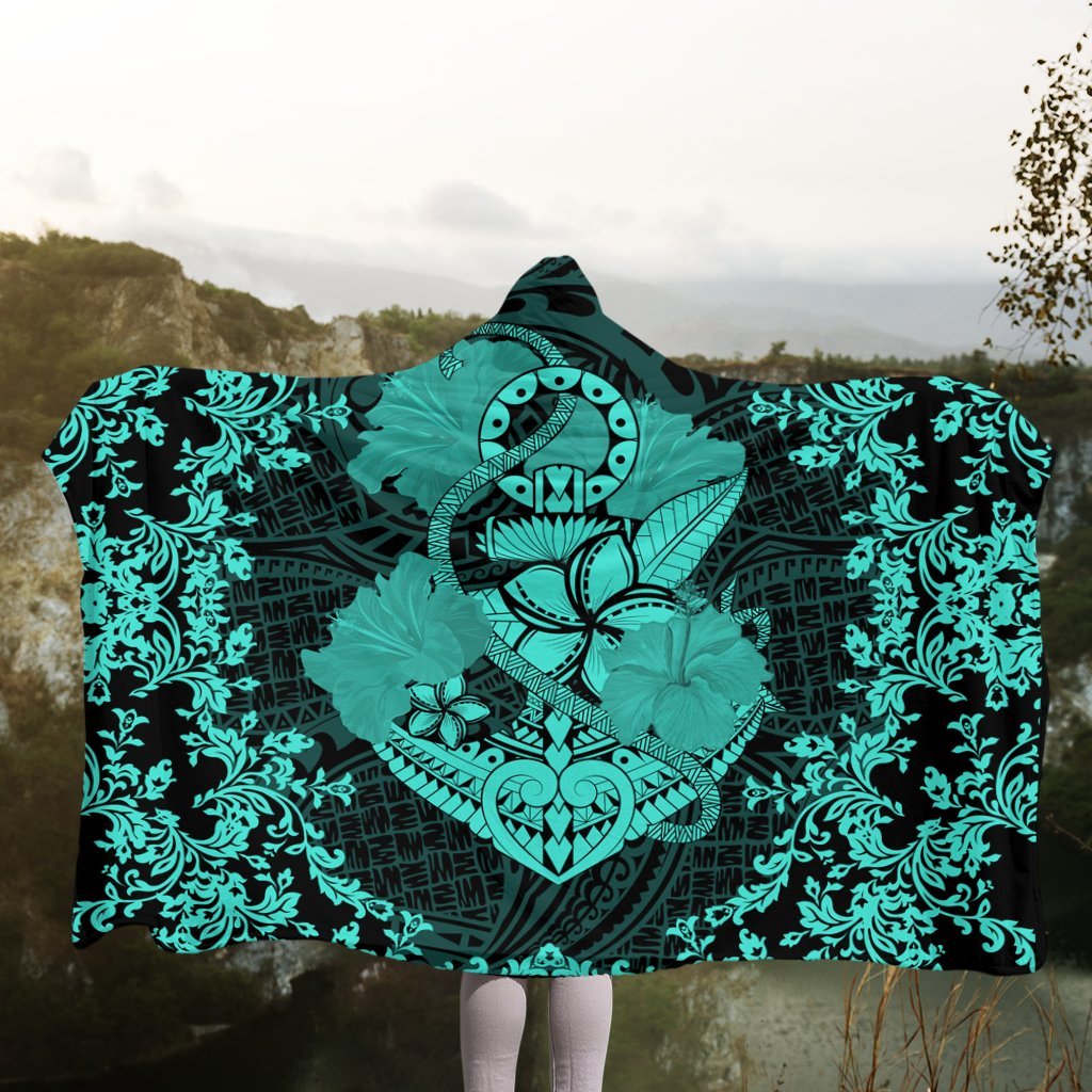 Hawaii Anchor Hibiscus Flower Vintage Hooded Blanket - AH - Turquoise - Polynesian Pride