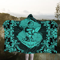 Hawaii Anchor Hibiscus Flower Vintage Hooded Blanket - AH - Turquoise - Polynesian Pride
