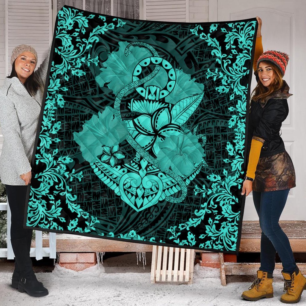 Hawaii Anchor Hibiscus Flower Vintage Premium Quilts - AH - Turquoise - Polynesian Pride
