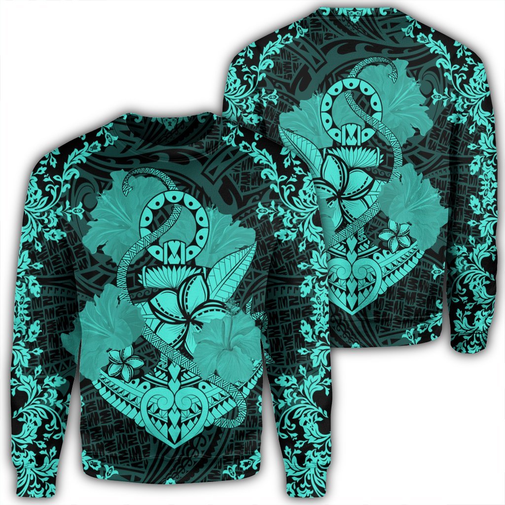 Hawaii Anchor Hibiscus Flower Vintage Sweatshirt - AH - Turquoise Unisex Black - Polynesian Pride