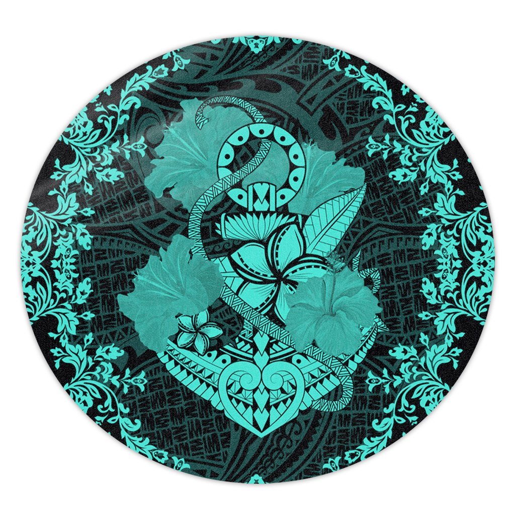 Hawaii Anchor Hibiscus Flower Vintage Round Carpet - AH - Turquoise Round Carpet Luxurious Plush - Polynesian Pride