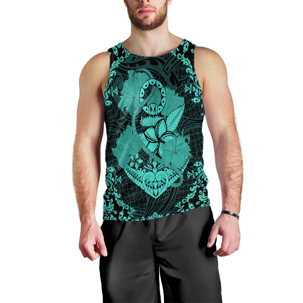 Hawaii Anchor Hibiscus Flower Vintage Tank Top - AH - Turquoise Black - Polynesian Pride