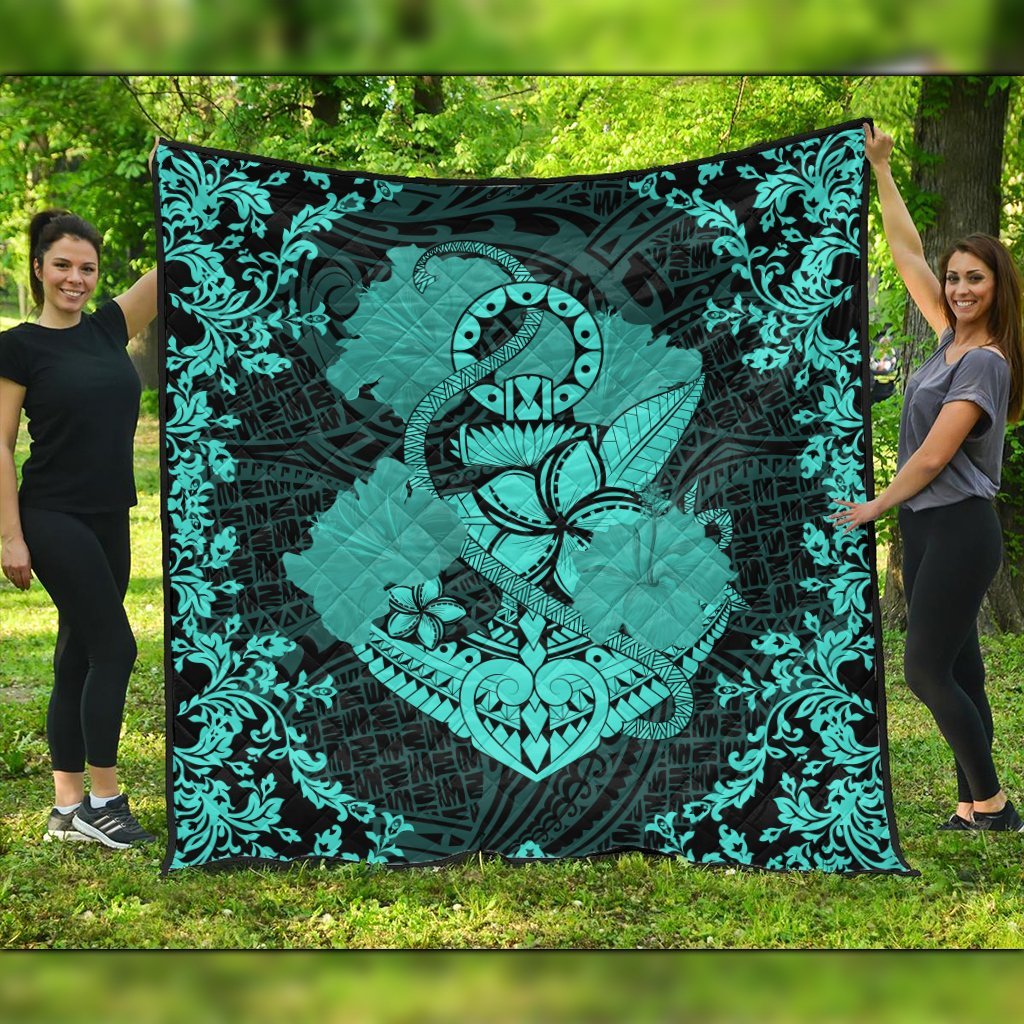 Hawaii Anchor Hibiscus Flower Vintage Premium Quilts - AH - Turquoise Black - Polynesian Pride