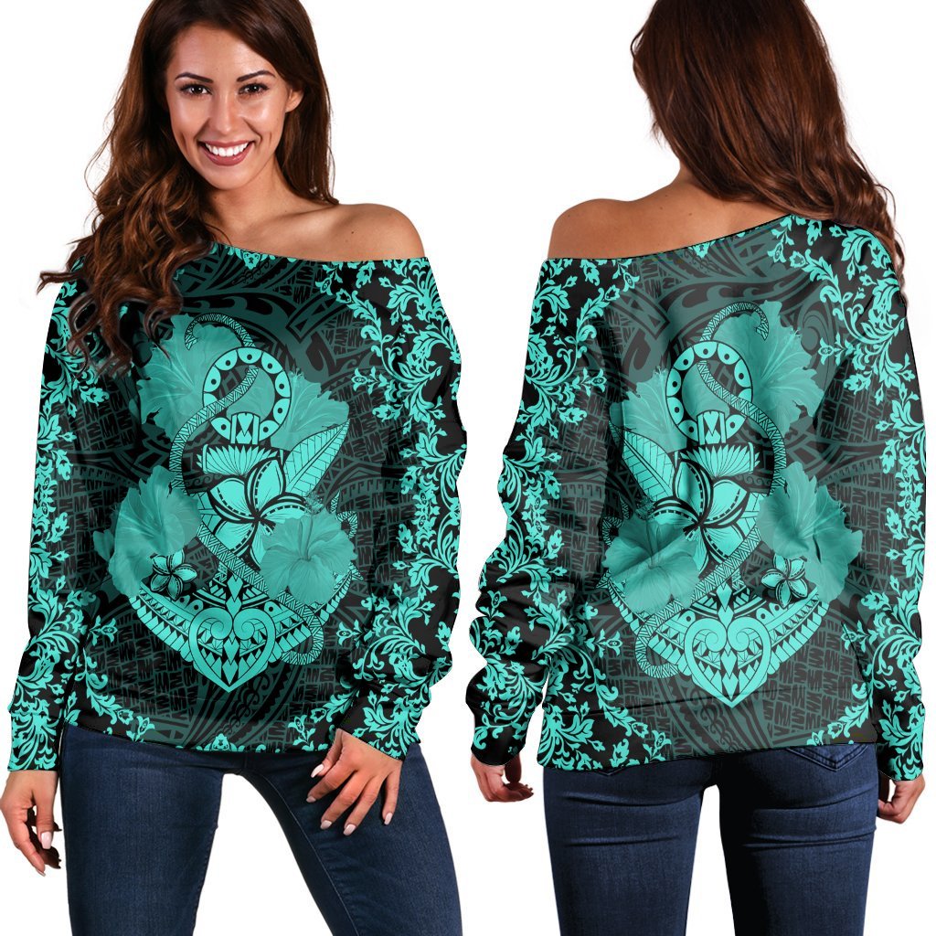 Hawaii Anchor Hibiscus Flower Vintage Women's Off Shoulder Sweater - AH - Turquoise Black - Polynesian Pride