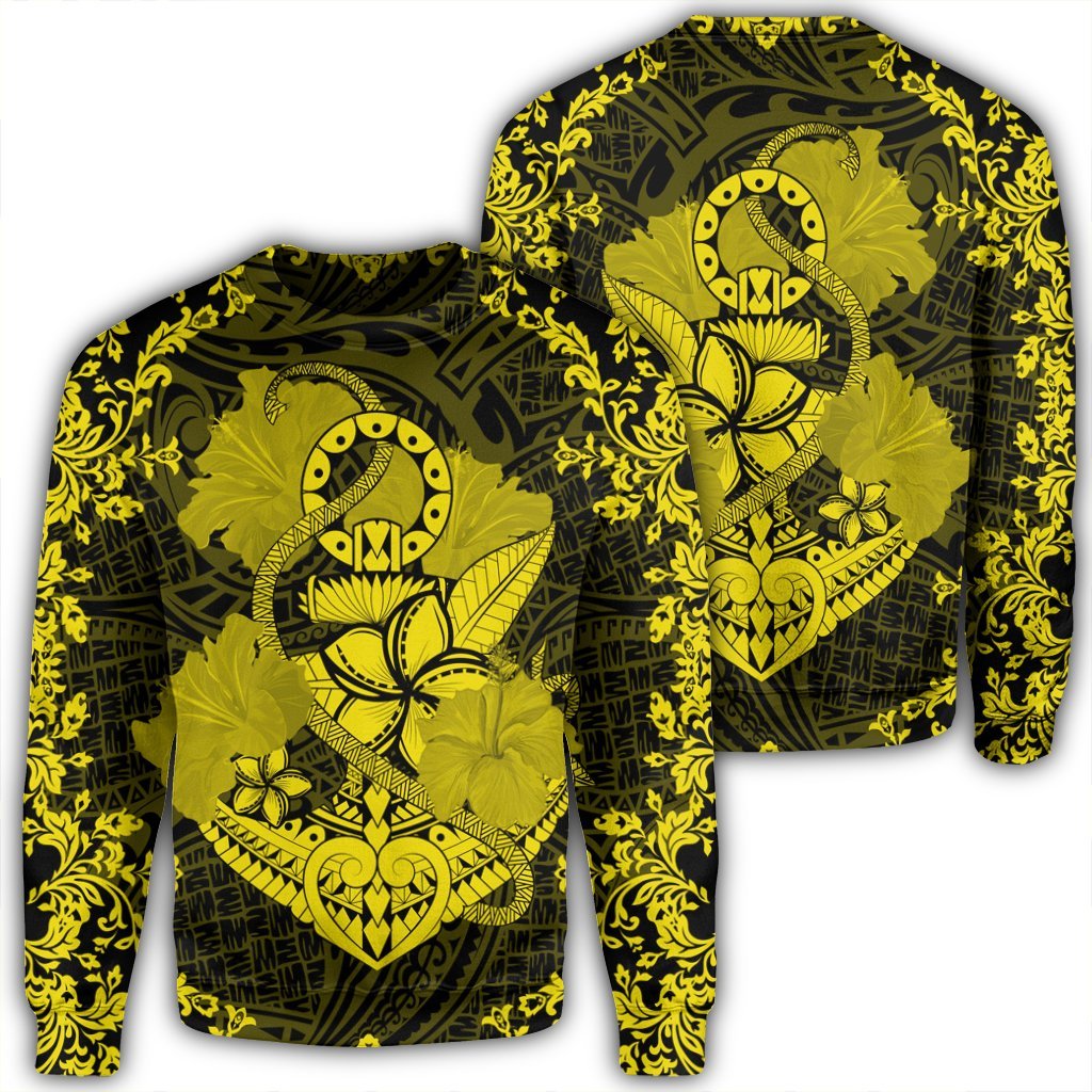 Hawaii Anchor Hibiscus Flower Vintage Sweatshirt - AH - Yellow Unisex Black - Polynesian Pride