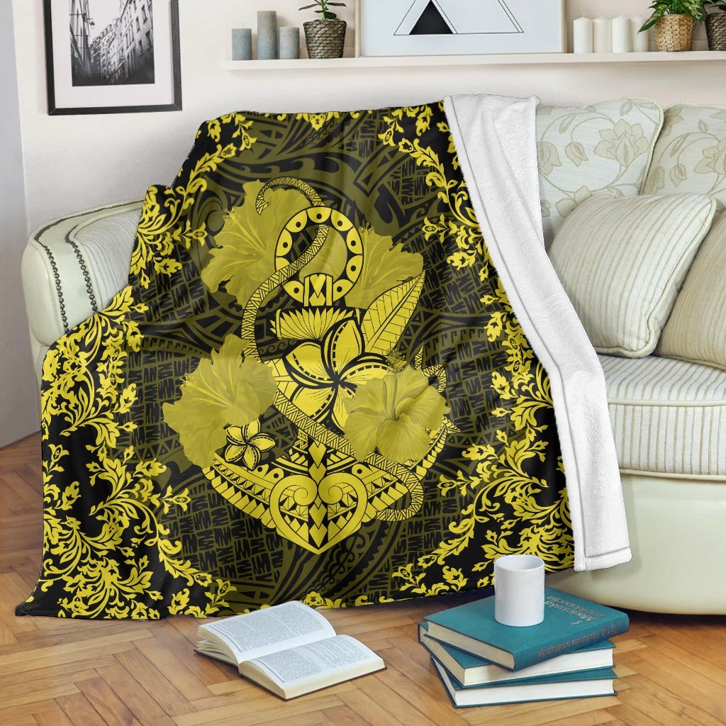 Hawaii Anchor Hibiscus Flower Vintage Premium Blankets - AH - Yellow White - Polynesian Pride