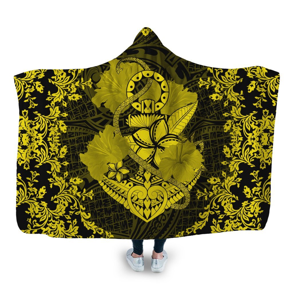 Hawaii Anchor Hibiscus Flower Vintage Hooded Blanket - AH - Yellow Hooded Blanket White - Polynesian Pride