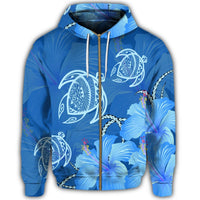 Hawaii Blue Hibiscus Turtle Polynesian Zip Hoodie - Polynesian Pride