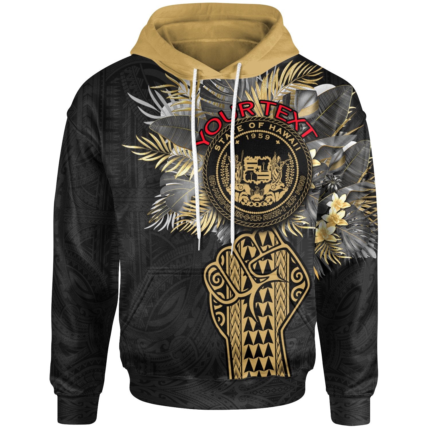 Hawaii Custom Personalized Hoodie Coat of Arm Clenched Fist Unisex Black - Polynesian Pride