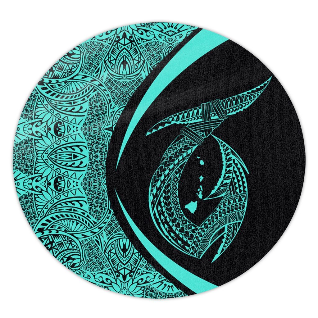 Hawaii Fish Hook Polynesian Round Carpet - Circle Style Turquoise - AH Round Carpet Luxurious Plush - Polynesian Pride