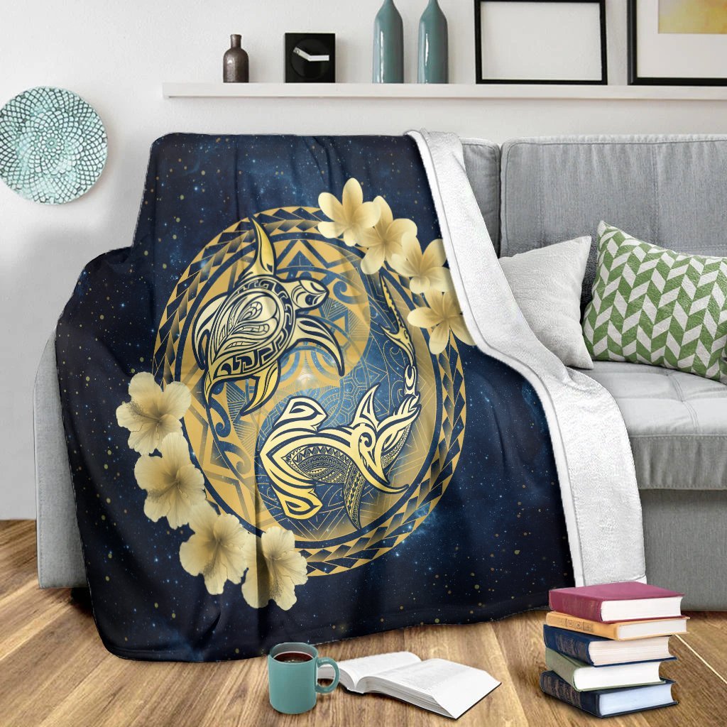 Hawaii Galaxay Yin Yang Turtle Shark Hibiscus Plumeria Premium Blankets - AH - Polynesian Pride