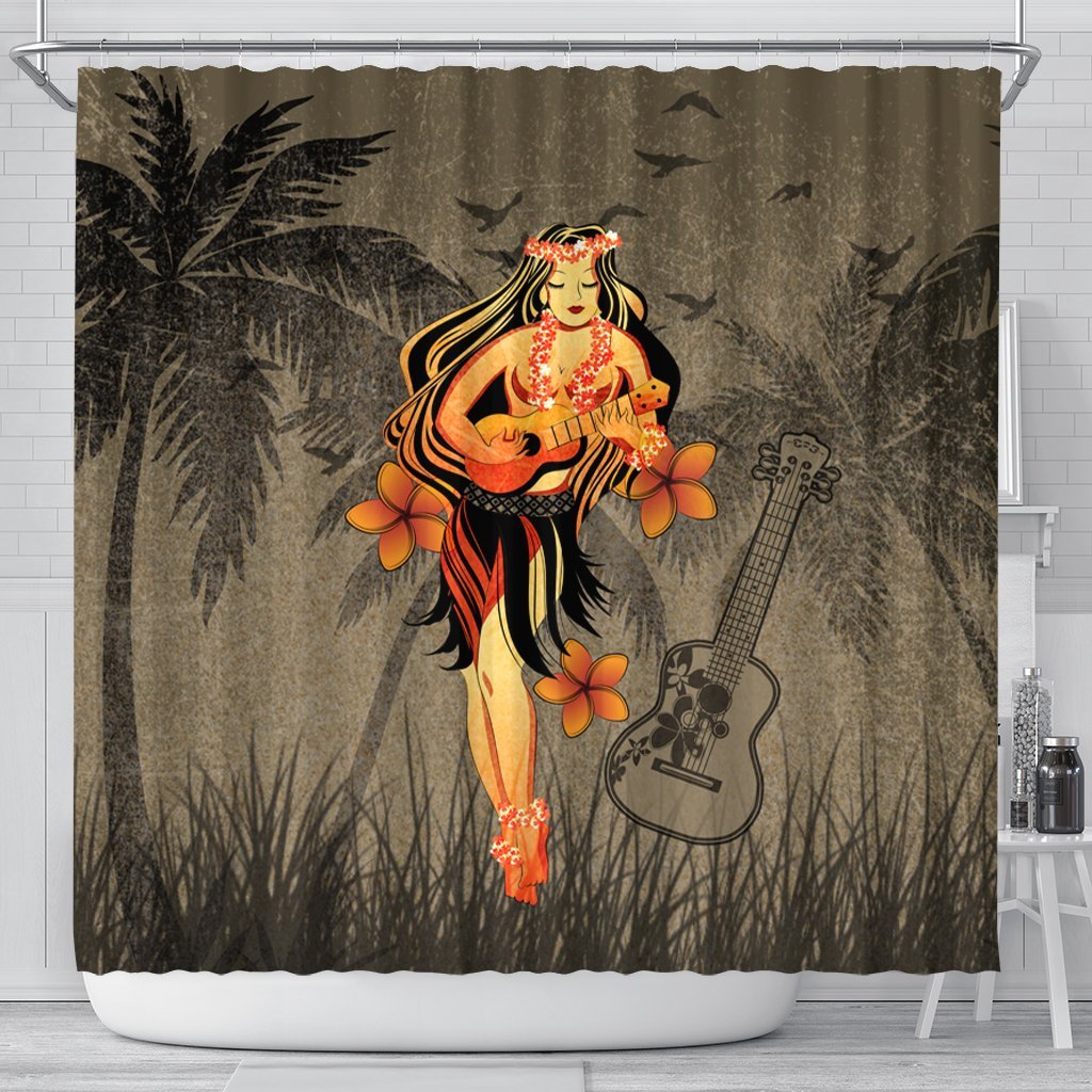 Hawaii Hula Girl Ukulele Plumeria Shower Curtain - AH 177 x 172 (cm) Black - Polynesian Pride