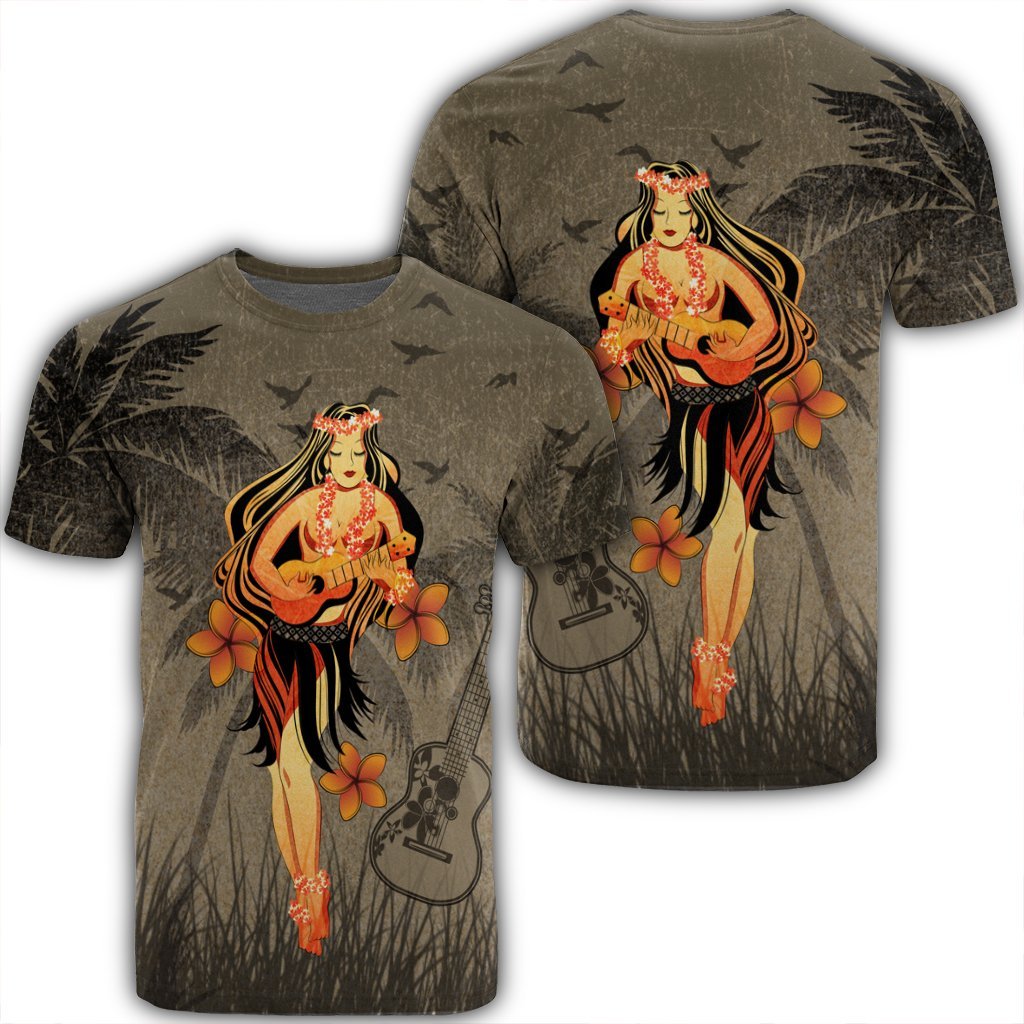 Hawaii Hula Girl Ukulele Plumeria T Shirt Unisex Black - Polynesian Pride