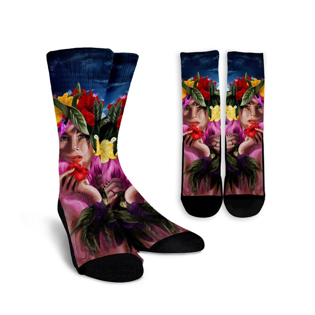 Hawaii Kanaka Colorful Hula Girl Crew Socks - Dinh Style Crew Socks White - Polynesian Pride