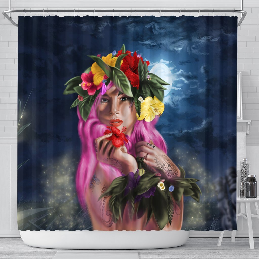 Hawaii Kanaka Colorful Hula Girl Shower Curtain - Dinh Style 177 x 172 (cm) Black - Polynesian Pride