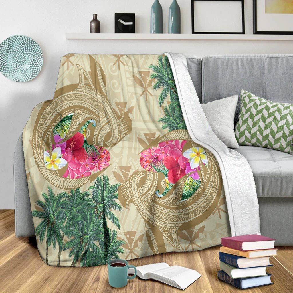 Hawaii Kanaka Maoli Plumeria Palm Trees Hammer Shark Premium Blankets - AH - Polynesian Pride