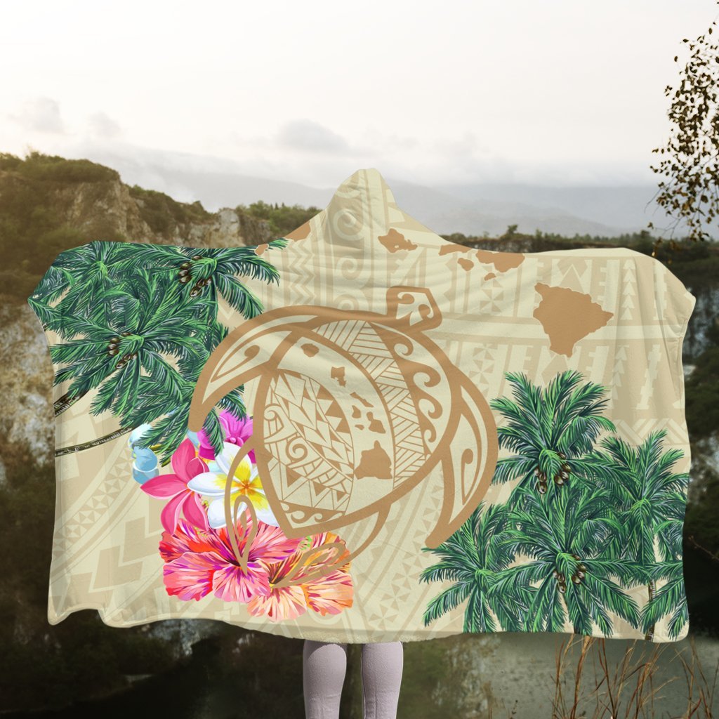Hawaii Kanaka Maoli Polynesian Flowers Turtle Hooded Blanket - AH - Polynesian Pride