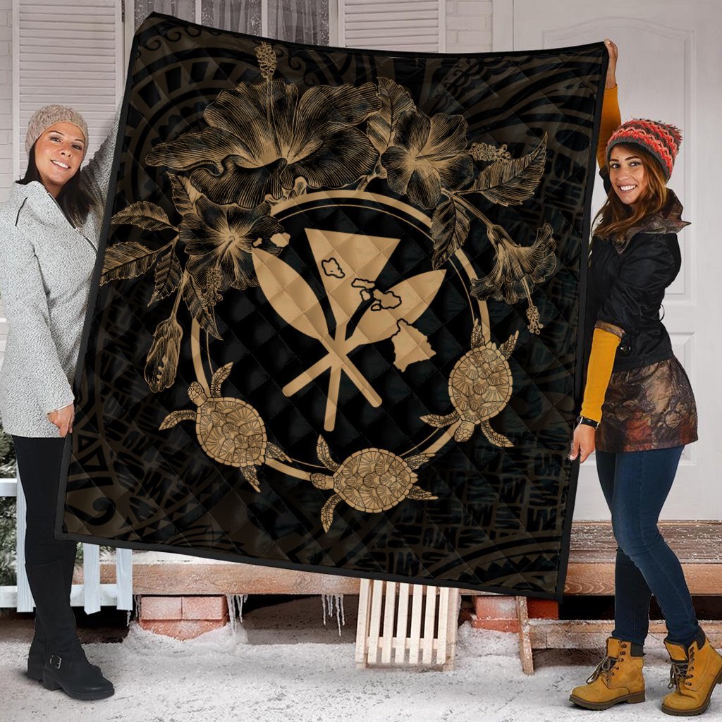 Hawaii Kanaka Turtle Hibiscus Polynesian Premium Quilts - Anthea Style Gold - AH - Polynesian Pride