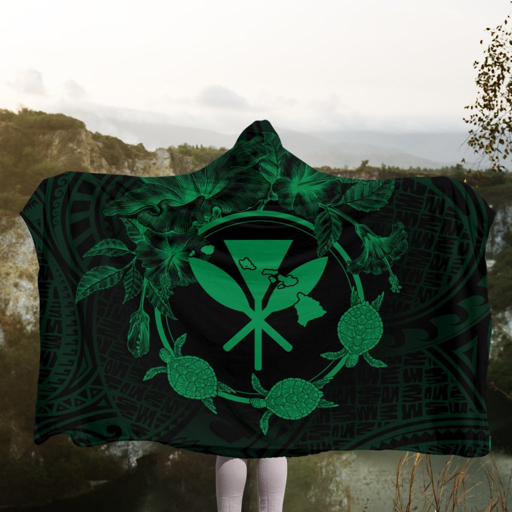 Hawaii Kanaka Turtle Hibiscus Polynesian Hooded Blanket - Anthea Style Green - AH - Polynesian Pride