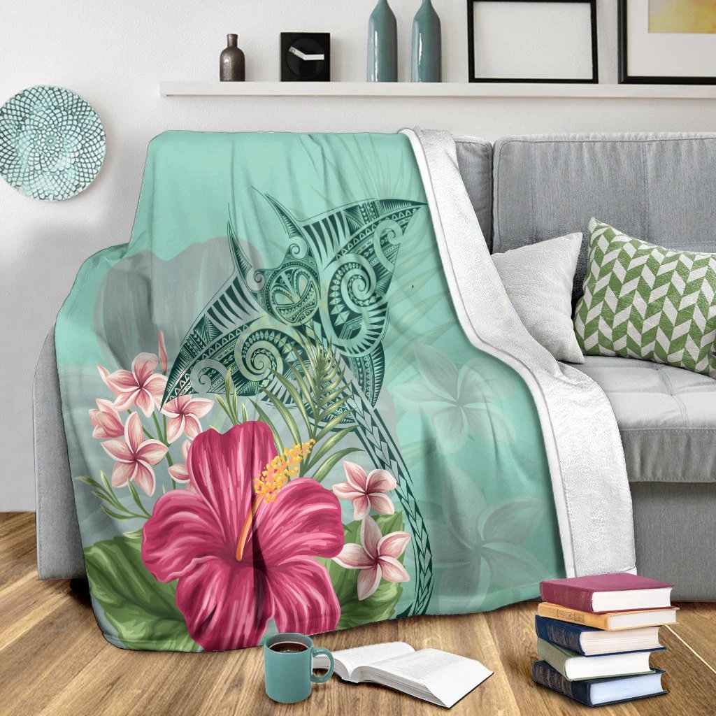 Hawaii Manta Ray Tropical Hibiscus Plumeria Premium Blankets - AH - Polynesian Pride