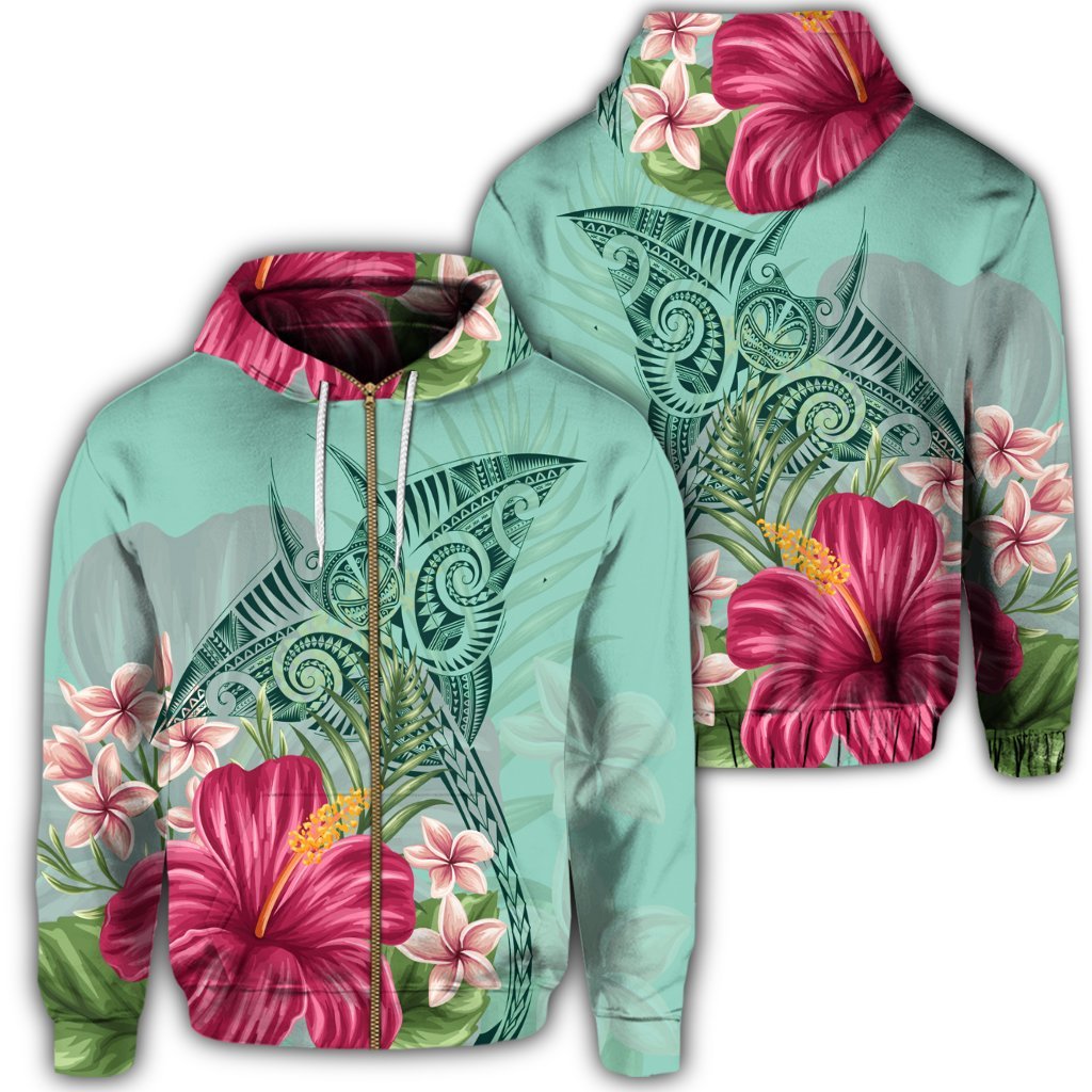 Hawaii Manta Ray Tropical Hibiscus Plumeria Zip Hoodie Unisex Art - Polynesian Pride