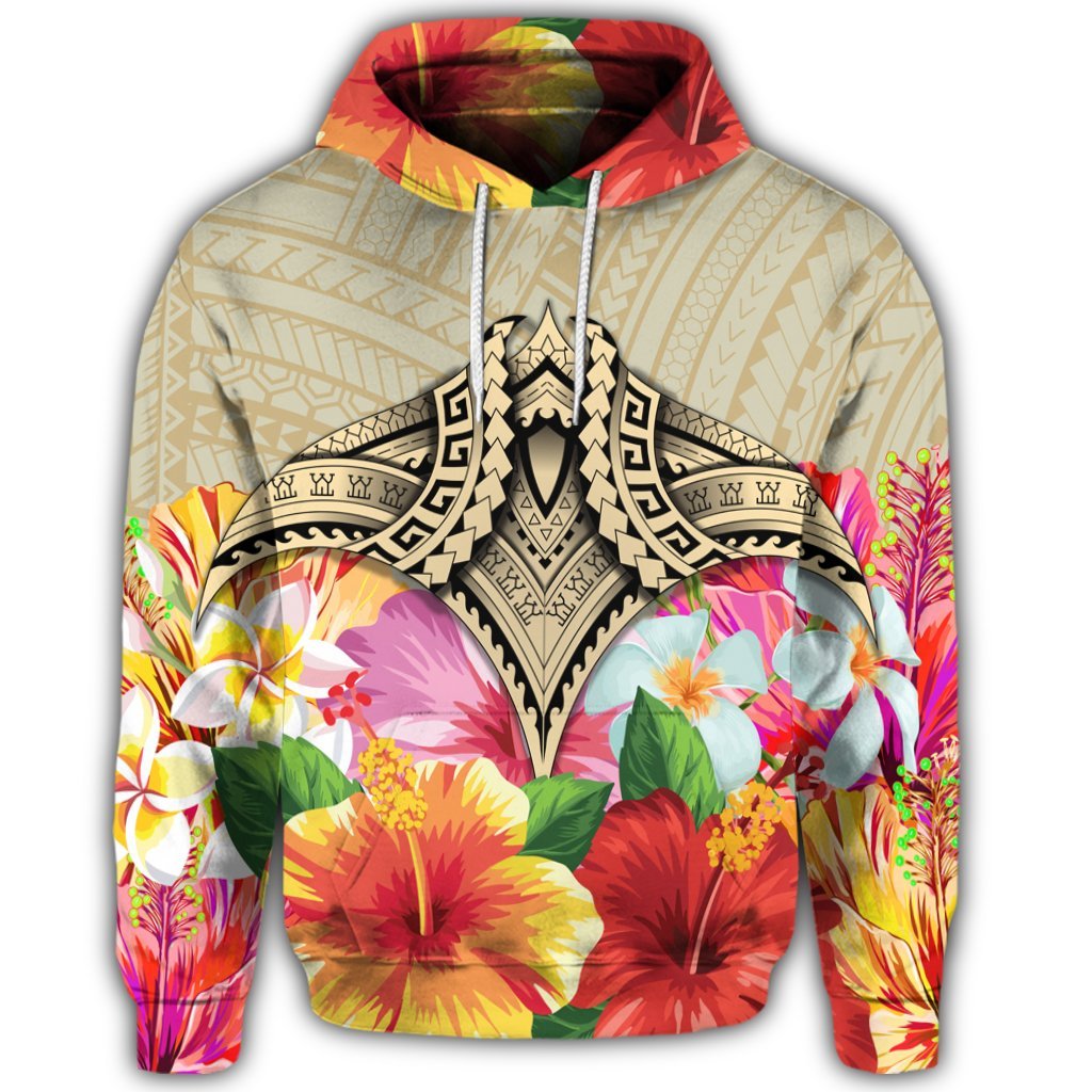 Hawaiian Manta Ray Tropical Hibiscus Plumeria Polynesian Hoodie - Polynesian Pride