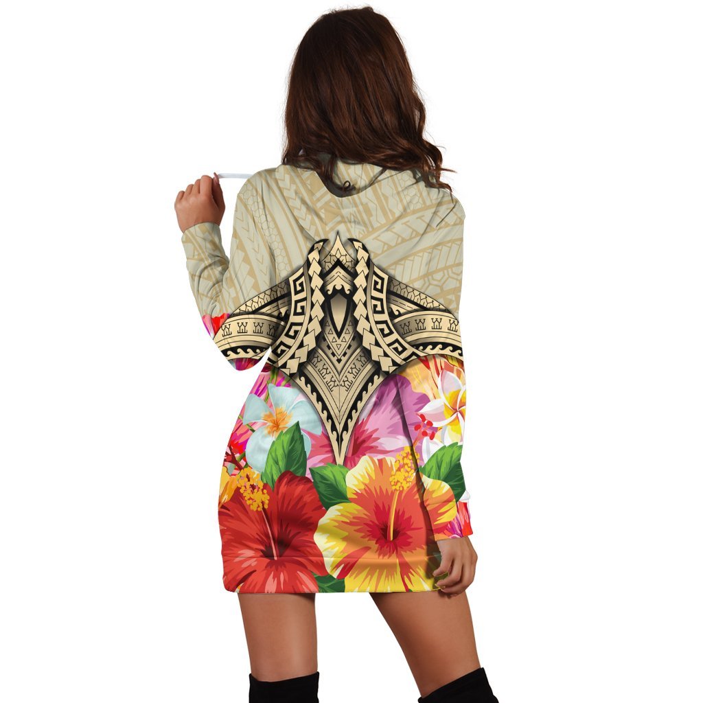 Hawaii Manta Ray Tropical Hibiscus Plumeria Polynesian Hoodie Dress - AH - Polynesian Pride