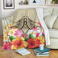 Hawaii Manta Ray Tropical Hibiscus Plumeria Polynesian Premium Blankets - AH White - Polynesian Pride