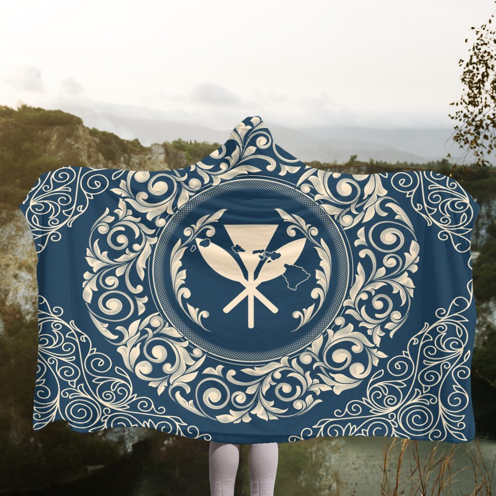 Hawaii Map Classic Floral Hooded Blanket Blue - AH - Polynesian Pride