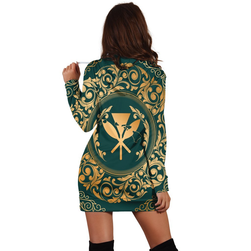 Hawaii Map Classic Floral Hoodie Dress Green - AH - Polynesian Pride
