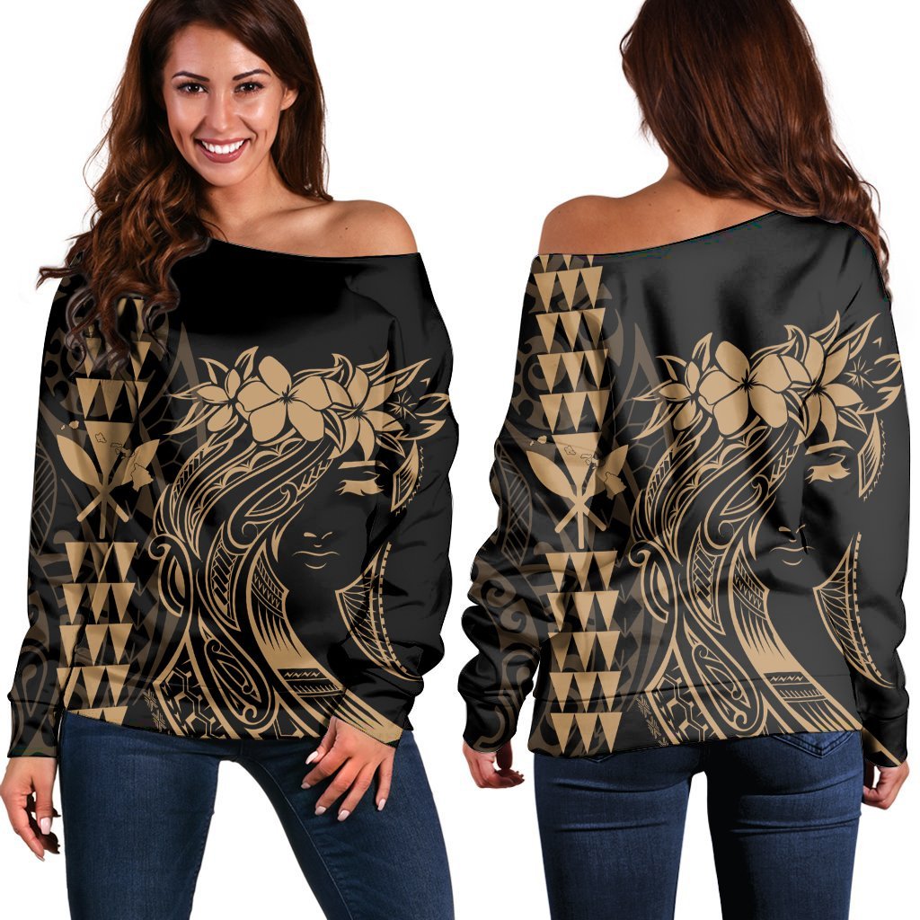 Hawaii Map Kanaka Polynesian Hula Girl Women's Off Shoulder Sweater Gold - AH - J5R Black - Polynesian Pride