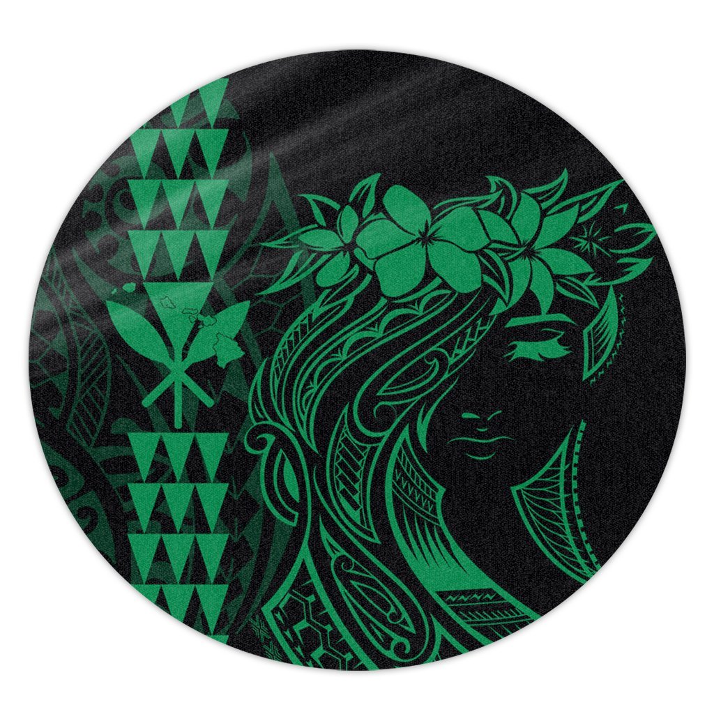 Hawaii Map Kanaka Polynesian Hula Girl Round Carpet Green - AH - J5R Round Carpet Luxurious Plush - Polynesian Pride