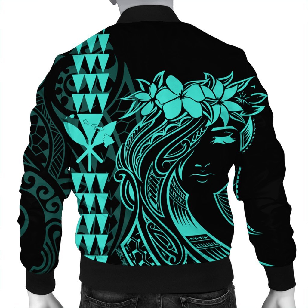 Hawaii Map Kanaka Polynesian Hula Girl Bomber Jacket Turquoise - AH - J5R - Polynesian Pride
