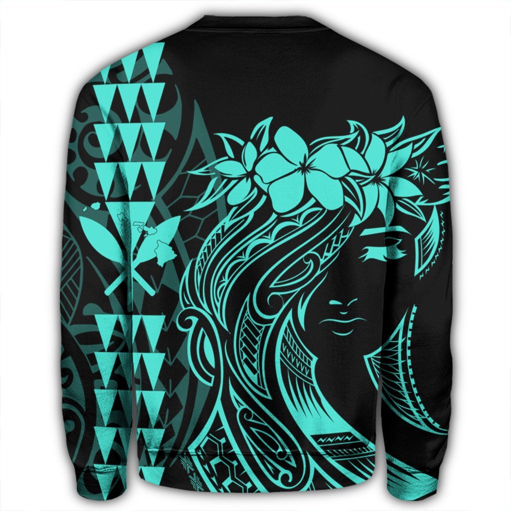 Hawaii Map Kanaka Polynesian Hula Girl Sweatshirt Turquoise - AH - J5R - Polynesian Pride