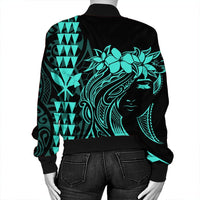 Hawaii Map Kanaka Polynesian Hula Girl Bomber Jacket Turquoise - AH - J5R - Polynesian Pride