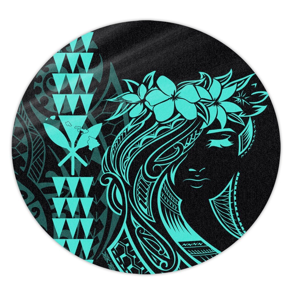 Hawaii Map Kanaka Polynesian Hula Girl Round Carpet Turquoise - AH - J5R Round Carpet Luxurious Plush - Polynesian Pride